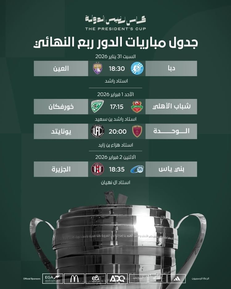 اتحاد الإمارات يعلن مواعيد وملاعب ربع نهائي كأس رئيس الدولة 2025–2026