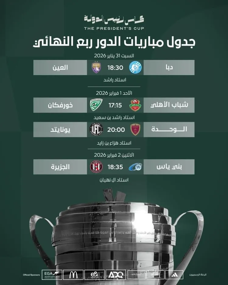 اتحاد الإمارات يعلن مواعيد وملاعب ربع نهائي كأس رئيس الدولة 2025–2026 اتحاد الإمارات يعلن مواعيد وملاعب ربع نهائي كأس رئيس الدولة 2025–2026